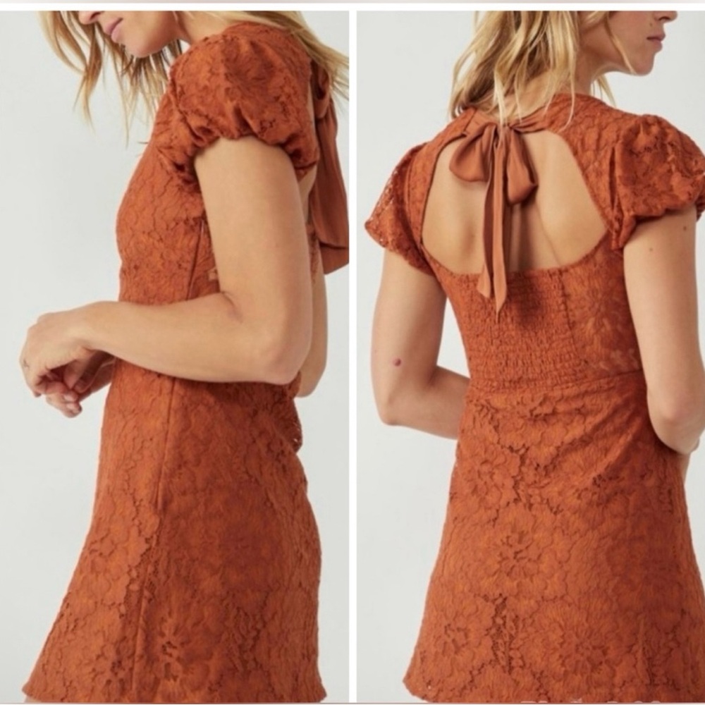Free People Lace Mini Dress in Warm Brown